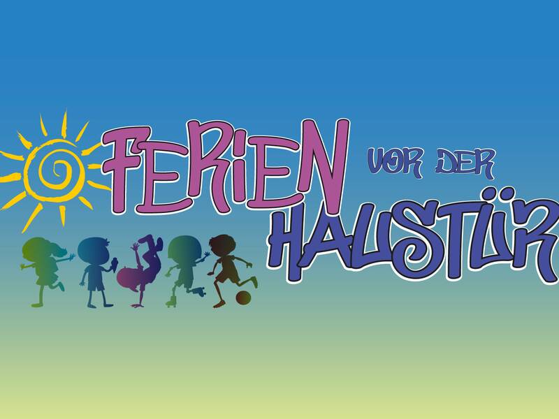 Buntes Piktogramm spielender Kinder und dem Schriftzug Ferien vor der Haustür
