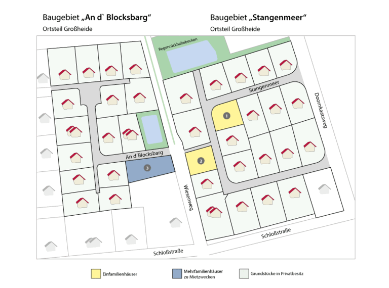 Zeichnung der Baugebietes An d` Blocksbarg und Stangemerr mit Übersicht der freien Grundstücke