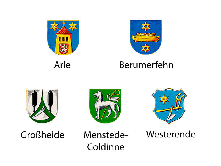 Historische Wappen der Gemeinden Arle, Berumerfehn, Großheide, Menstede-Coldinne und Westerende