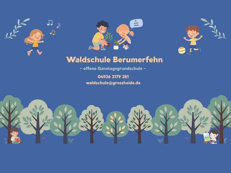 Grafik mit spielenden Kindern sowie Name und Anschrift der Waldschule Berumerfehn